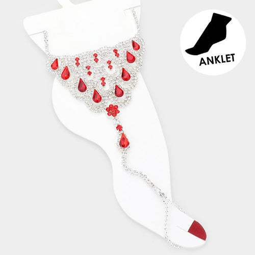 Teardrop Accented Rhinestone Net Toe Ring Evening Anklet -