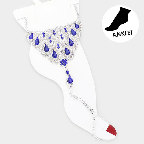 Teardrop Accented Rhinestone Net Toe Ring Evening Anklet - Royal Blue