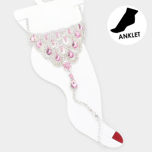 Teardrop Accented Rhinestone Net Toe Ring Evening Anklet - Soft Pink