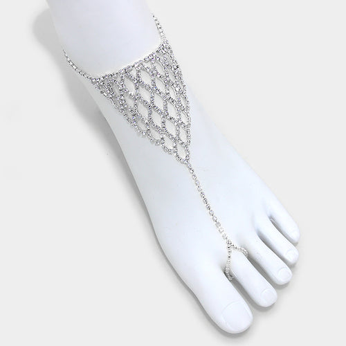Crystal rhinestone net anklet with toe ring - Clear / Silver