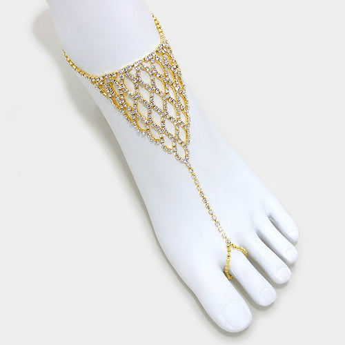 Crystal Rhinestone Net Anklet with Toe Ring - Gold