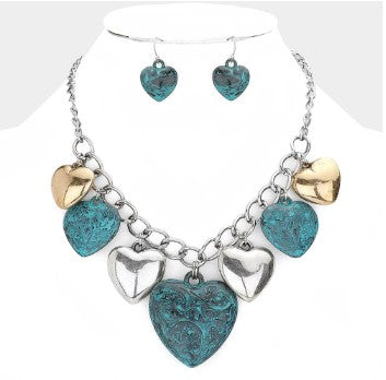 Multi Metal Heart Pendants Dangle Necklace - Patina