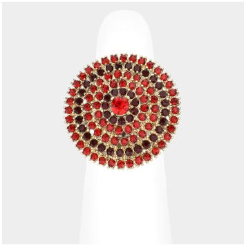 Rhinestone Paved Circle Ring - Gold and Red