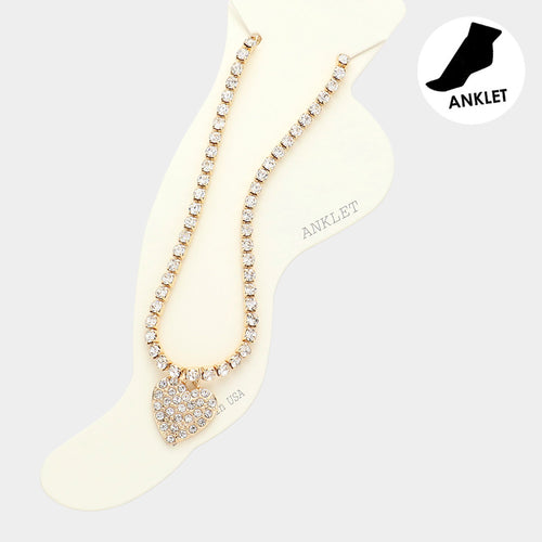 Stone Embellished Heart Accented Anklet - Gold