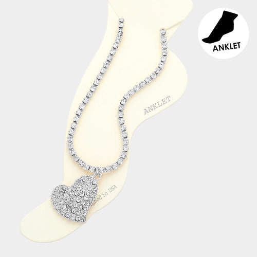 Stone Embellished Heart Accented Anklet - Rhodium